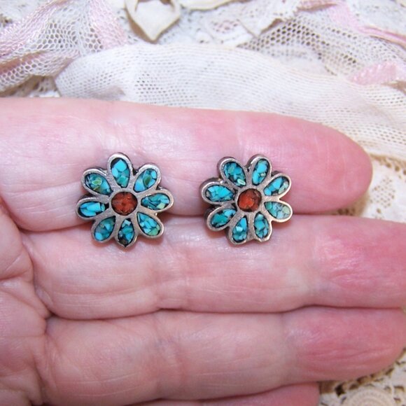Native American Sterling Silver Coral Turquoise Inlay Clip Earrings - Picture 5 of 7